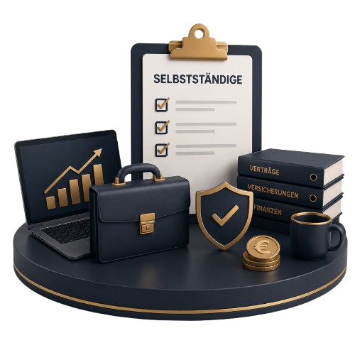 Selbstständige – Laptop, Aktentasche, Verträge und Finanzen